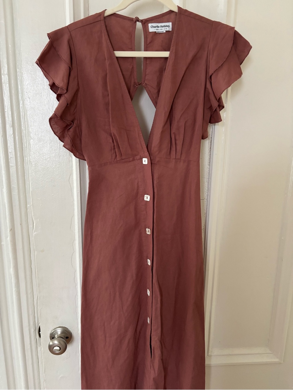 Charlie Holiday Mauve Button-Front Ruffle Sleeve Maxi Dress